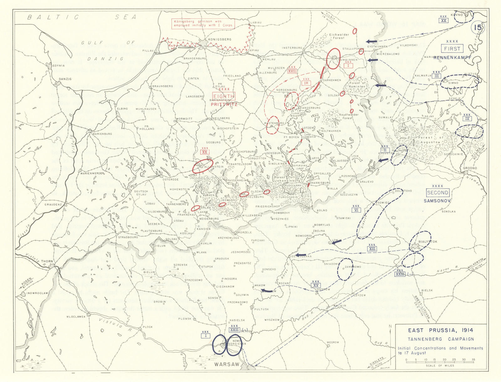 World War 1. East Prussia 17 August 1914. Tannenberg Campaign 1959 old map